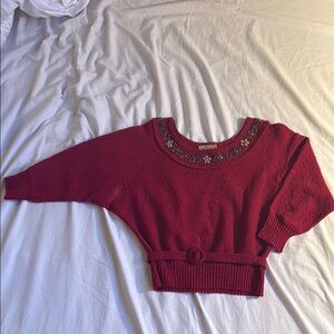Red Sweater with Embellished Neckline 1940s 1950s AS IS